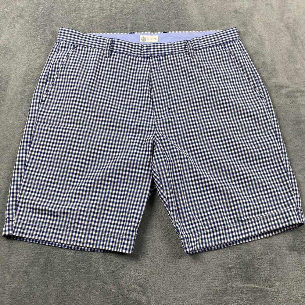 J.Crew Mens 34 Shorts Blue White Gingham Cotton Flat Front Preppy Summer Chino